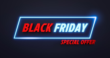 Black Friday special offer design with neon light frame on dark background, promotion marketing discount event, 3d illustration.