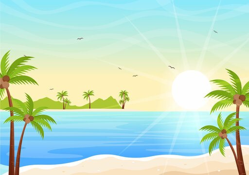 Sea Sunrise Landscape Above Morning Scene Ocean with Clouds, Water Surface, Palm Tree and Beach in Flat Background Illustration for Banner