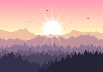 Obraz premium Sunrise Landscape of Morning Scene Mountains, Hill, Lake and Valley in Flat Nature for Poster, Banner or Background Illustration