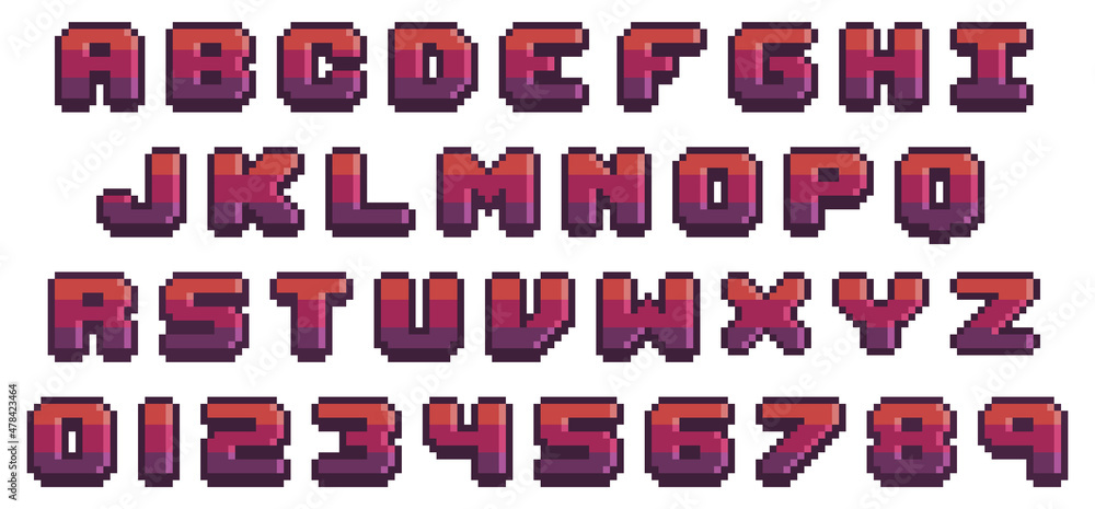 Fototapete game font in pixel art. 8-bit style letters and numbers. vector alphabet in pixel on white backgroun