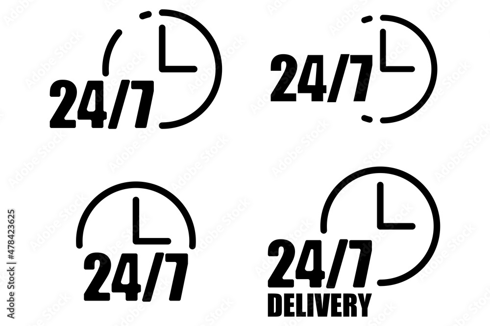 Poster 24 7 delivery icon. four badges. service concept. clock symbol. arrow element. vector illustration. 