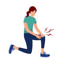 Leg pain concept vector illustration on white background. Sporty woman feel hurt in leg while jogging or exercise. Bone or muscle problem. - obrazy, fototapety, plakaty