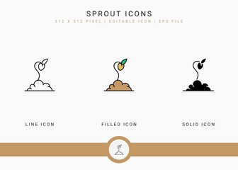 Sprout icons set vector illustration with solid icon line style. Plant gardening agriculture concept. Editable stroke icon on isolated background for web design, user interface, and mobile app