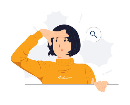 Curious woman looking far away with hand over head, trying to see something, bad vision, searching, holding palm on forehead and gasping. surprised, and amazed concept illustration