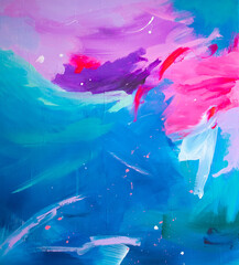 Abstract painted colourful background - bright pink, purple and blue palette. Hand-painted texture.