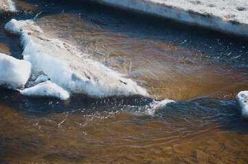 Melting ice on the river in spring. Ice drift time. Natural structure.