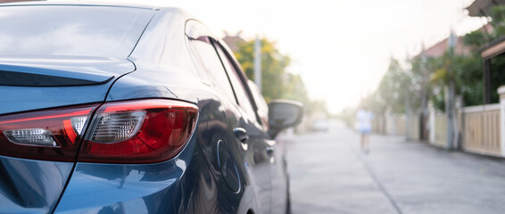 Close up car on street automotive roadtrip on sunset background for transport, travel of nature to vehicle auto landscape light the sun for travel journey trip summer and lifestyle