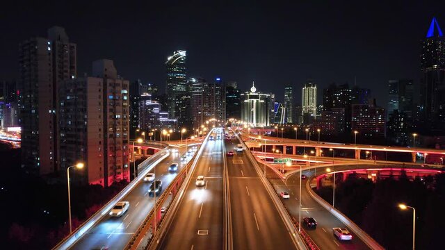 aerial view of yanan elevated road in shanghai at night