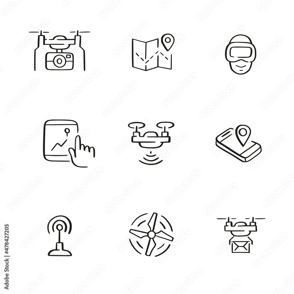 Poster set of drone related icons. camera mounts, controller, front view and top view. sketch icons