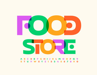 Vector business logo Food Store. Unique watercolor Font. Abstract style Alphabet Letters and Numbers