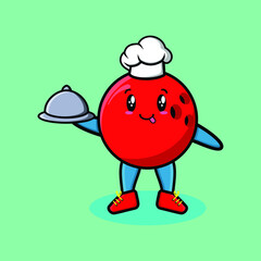Cute Cartoon chef bowling ball mascot character serving food on tray cute style design for t-shirt, sticker, logo element