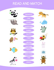Read and match worksheet game. English alphabet with cartoon animals set. Matching words with images using funny animals sets for kids. Vector illustration.