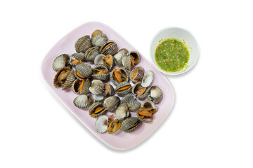 Die cut of Big Steamed cockle Boiled cockles and seafood sauce on white isolated.