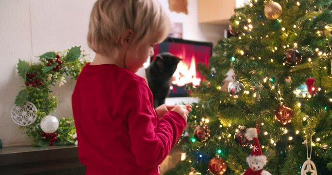 Cheerful child boy decorating Christmas tree at home in living room preparing for new year and winter holidays. Cute black domestic cat sitting in front of pine tree and watching to children