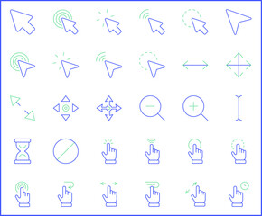 Set of cursors and selection icons line style. It contains such Icons as pointer, click, mouse, arrows, icon, clock, interface, wire frame, computer and other elements.
