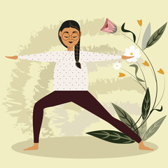 Mujer meditando. Ilustración de concepto de yoga, relajación, recreación, estilo de vida saludable. - obrazy, fototapety, plakaty