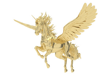 Gold unicorn isolated on white background. 3D rendering. 3D illustration.