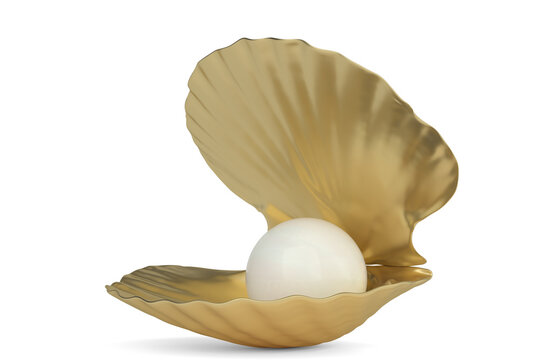 Gold shell and pearl isolated on white background. 3D rendering. 3D illustration.