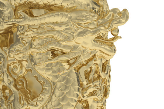 Giant golden Chinese dragon isolated on white background. 3D rendering. 3D illustration.