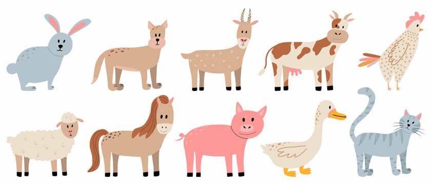 Vector set of farm animals. Cute farm animals cat, dog, horse, pig, cow, goat.