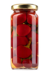 A glass jar with ripe preserved peppers is isolated on a white background. Full clipping path.