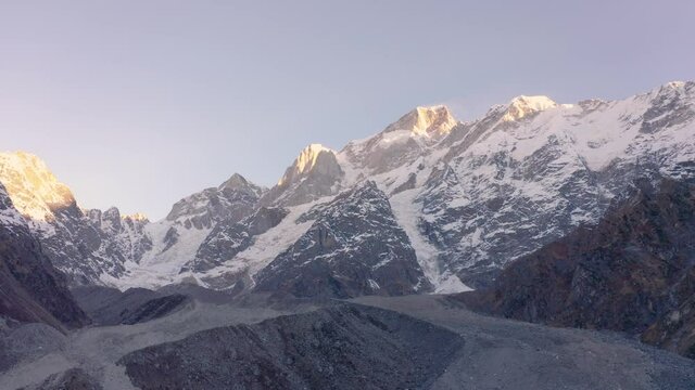 Sunshine Through The Himalayan Mountain Range In Kedarnath, Garhwal in Uttarakhand India - aerial shot
