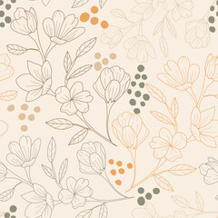 Illustration vector seamless repeat pattern of line art flowers and leaves with polka dot ornament. perfect for fall themed vintage fabric, wallpaper, scrapbooking projects. Surface pattern design.