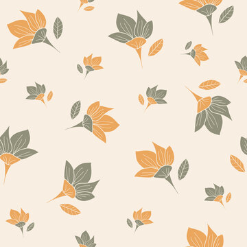 Illustration vector seamless repeat pattern of big and little yellow green flowers. Perfect for vintage fabric, wallpaper, scrapbooking projects. Surface pattern design. © sewproject