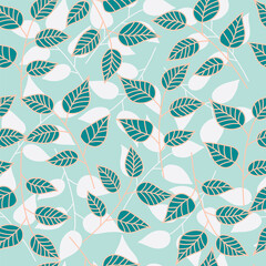 Illustration vector seamless repeat pattern of leaves and silhouette on green background. Great for retro and vintage fabric, wallpaper, scrapbooking projects. Surface pattern design.