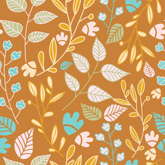 Illustration vector seamless repeat pattern of beautiful forest on golden background. Great for retro and vintage fabric, wallpaper, scrapbooking projects. Surface pattern design.