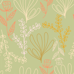Illustration vector seamless repeat pattern of line art flowers garden on green background. Great for retro and vintage fabric, wallpaper, scrapbooking projects. Surface pattern design.