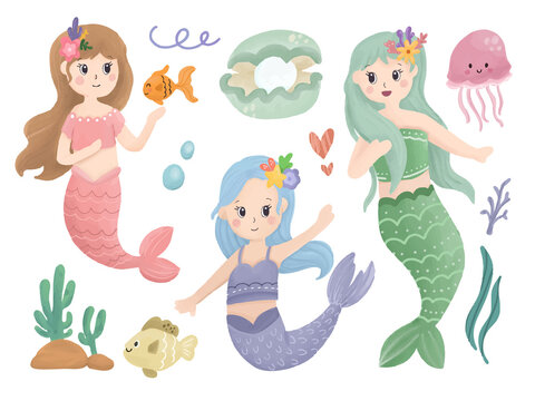 Cute Mermaid cartoon watercolor girl with sea animal. Beautiful kids mermaid and jelly fish.