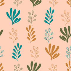 Illustration vector seamless repeat pattern of colorful plants with leaves forming a floral texture. Perfect for retro and vintage fabric, wallpaper, scrapbooking projects. Surface pattern design.