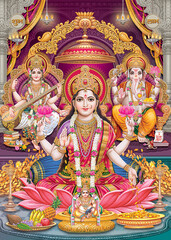 Lord Laxmi, Lord Ganesha, Lord Saraswati And Lord Kuber, giver of wealth with colorful background wallpaper , Diwali Pooja poster  - obrazy, fototapety, plakaty