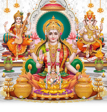 Lord Laxmi, Lord Ganesha, Lord Saraswati And Lord Kuber, giver of wealth with colorful background wallpaper , Diwali Pooja poster 
