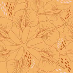Fototapeta premium Illustration vector seamless repeat pattern of line art rafflesia flowers bud with polka dot ornaments. Perfect for retro and vintage fabric, wallpaper, scrapbooking projects. Surface pattern design.