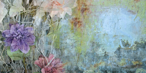 Vintage grunge concrete textured background with flowers