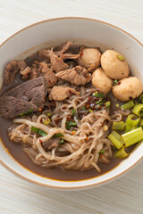 Thai noodle with pork, stewed pork, meatball and pork liver in blood soup