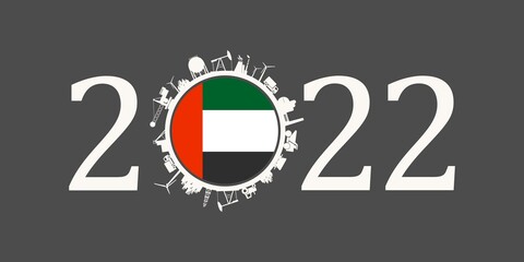 2022 year number with industrial icons around zero digit. Flag of United Arab Emirates.