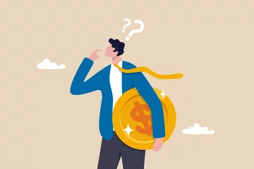 Fotobehang Money question, where to invest, pay off debt or invest to earn profit, financial choice or alternative to make decision concept, businessman investor holding money coin thinking about investment. © Nuthawut