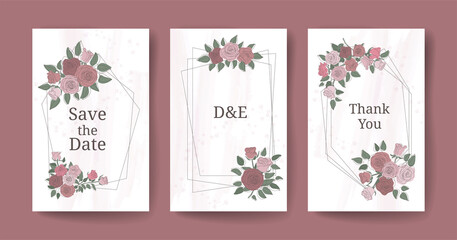 Set of floral frame templates. Save the date. Floral design wedding invitation using rose flowers. Spring boho style design with floral background.