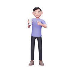 3d character illustration Casual man pointing to phone screen of his smartphone