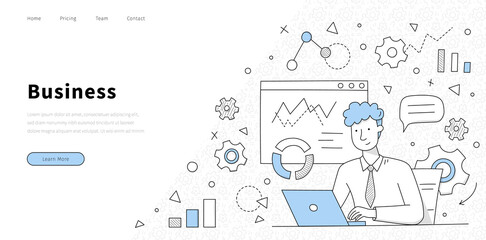 Business banner with man works on laptop in office. Vector landing page with doodle illustration of businessman with notebook on background of diagrams, charts and gears - obrazy, fototapety, plakaty