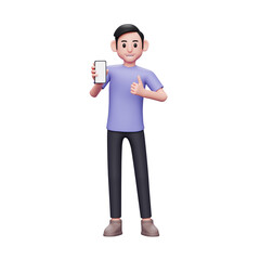 3d character illustration casual man holding and recommending something on the phone screen with a thumbs up