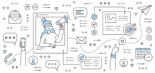 SMM, social media marketing concept with woman with megaphone and symbols of Internet advertising. Vector doodle illustration with icons of message, magnet, calendar, target, graphs and email