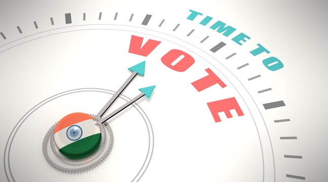 Time to vote words on clock face. Flag of India. 3D render