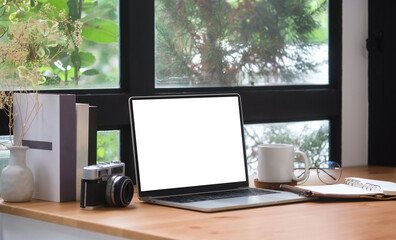 Computer laptop, coffee cup, books and houseplant on wooden table..