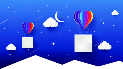 Valentines day greetings card with balloons flying with clouds vector.Heart hot air balloon flying.Love background.Cute paper cut design.posters,rainbow,gift box.Paper cut style.Space for your text.