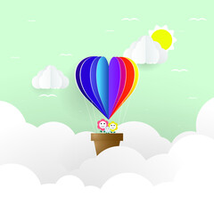 Valentines day greetings card with balloons flying with clouds vector.Heart hot air balloon flying.Love background.Cute paper cut design.posters,rainbow,gift box.Paper cut style.Space for your text.