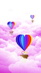 Valentines day greetings card with balloons flying with clouds vector.Heart hot air balloon flying.Love background.Cute paper cut design.posters,rainbow,gift box.Paper cut style.Space for your text.